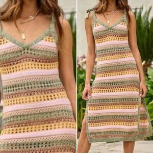 Retro Striped Knit Dress Lalavon Bow Tie Shoulders Rainbow 70s Knitted Summer S